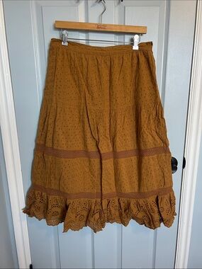 Women's Eyelet Tiered Midi Skirt in Mustard